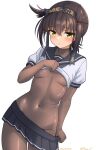  1girl black_bodysuit black_headband black_sailor_collar black_skirt bodysuit breasts clothes_lift clothes_pull clothes_writing covered_navel hachimaki hair_flaps hatsuzuki_(kancolle) headband kantai_collection lifting_own_clothes medium_breasts miniskirt one-hour_drawing_challenge pleated_skirt pulling_own_clothes ray.s sailor_collar school_uniform serafuku shirt_lift short_hair short_sleeves skirt skirt_pull solo 