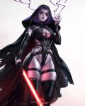  absurdres black_hood black_sleeves black_thighhighs blondynkitezgraja breasts cleavage dc_comics detached_sleeves electricity electrokinesis energy_sword english_commentary facepaint highres lightsaber parted_bangs purple_hair raven_(dc) red_eyes red_lightsaber robe star_wars sword thigh_strap thighhighs torn_clothes torn_thighhighs weapon white_background 