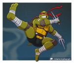 2_toes 3_fingers accessory anthro bandage biped bottomwear bulge clamcrusher clenched_teeth clothed clothing elbow_pads feet fingers foot_wraps hand_wraps harness headband holding_object holding_weapon kick knee_pads male melee_weapon muscular muscular_male ninja raphael_(tmnt) reptile sai scalie shell simple_background solo teenage_mutant_ninja_turtles teeth toes turtle underwear warrior weapon wraps