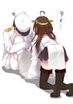  1girl admiral_(kantai_collection) ahoge all_fours blush boots brown_hair detached_sleeves highres japanese_clothes kantai_collection kongou_(kantai_collection) long_hair long_sleeves military military_uniform ribbon-trimmed_sleeves ribbon_trim simple_background sitting skirt thigh_boots thighhighs translated uniform white_background yuui_hutabakirage 