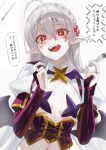  +_+ 1girl absurdres ahoge arknights breasts bridal_gauntlets collared_shrug corset cosplay elbow_gloves gloves highres holding holding_syringe long_hair looking_at_viewer magia_baiser magia_baiser_(cosplay) mark_under_eye open_mouth pointy_ears purple_corset purple_gloves red_eyes revealing_clothes shrug_(clothing) small_breasts solo speech_bubble syringe tongue tongue_out translation_request uof upper_body warfarin_(arknights) white_hair white_shrug 