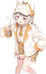  1girl animal_hat blazer blonde_hair cat_hat cropped_legs dated facial_mark hat highres holding holding_magnifying_glass jacket koishi_(kiwi0314) komori_met komori_met_(6th_costume) looking_at_viewer magnifying_glass necktie open_mouth orange_eyes shirt shorts simple_background solo thigh_strap virtual_youtuber vspo! white_background 