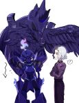  ! 1boy amethio_(pokemon) arrow_(symbol) black_pants bright_pupils ceruledge collared_shirt commentary_request copituji corviknight crossed_arms flying_sweatdrops gloves highres loose_hair_strand male_focus multicolored_hair open_mouth pants pokemon pokemon_(anime) pokemon_(creature) pokemon_horizons purple_eyes shirt short_hair simple_background spoken_exclamation_mark two-tone_hair white_background white_pupils 