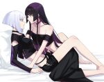  2girls aoki_shizumi assertive_female bare_shoulders barefoot black_choker black_shirt black_shorts black_skirt blunt_bangs blunt_ends breasts choker cleavage clenched_teeth closed_mouth clothing_cutout crop_top cross-laced_clothes cross-laced_shorts eye_contact face-to-face feet grey_hair hashtag-only_commentary highres kurogane_otoha large_breasts long_hair long_skirt long_sleeves looking_at_another multiple_girls off-shoulder_shirt off_shoulder pillow profile purple_choker purple_eyes purple_hair reclining rock_wa_lady_no_tashinami_deshite sheet_grab shiraya_tamaki shirt short_hair short_shorts shorts simple_background skirt small_sweatdrop teeth thick_eyelashes toes very_long_hair white_background yuri 