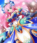  armor breasts dress elf gown green_eyes large_breasts long_hair oborotsuki_kakeru original pink_hair pointy_ears princess solo 