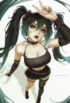  1girl bare_shoulders black_hair black_lips black_shirt bootybear breasts cleavage collar collarbone from_above goth_fashion grey_eyes grey_hair hatsune_miku highres large_breasts long_sleeves multicolored_hair navel_piercing piercing shirt shoes single_thighhigh solo spiked_collar spikes striped_clothes striped_thighhighs teeth thighhighs two-tone_hair vocaloid 
