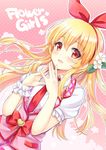  :d aikatsu! aikatsu!_(series) blonde_hair bow english flower hair_flower hair_ornament hair_ribbon hoshimiya_ichigo k.y_ko leaf long_hair necktie open_mouth red_eyes ribbon scrunchie smile solo steepled_fingers 