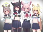  4girls ahoge anger_vein animal_ears bike_shorts black_bra black_pantyhose blonde_hair blue_archive blush bra brown_hair closed_eyes clothes_lift fingerless_gloves fox_ears fox_girl gloves gradient_background halo highres kurumi_(blue_archive) long_braid multiple_girls navel neckerchief niko_(blue_archive) orange-bird otogi_(blue_archive) pantyhose pink_bra pink_hair pleated_skirt school_uniform serafuku shirt_lift skirt sports_bra sweat tearing_up thighhighs underwear white_bra yukino_(blue_archive) 