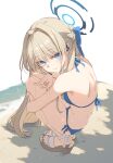  1girl bare_shoulders bikini blonde_hair blue_archive blue_bikini blue_eyes blue_hair blue_halo blue_nails blue_ribbon blue_streaks blush breasts commentary hair_intakes hair_ribbon halo headset highres long_hair looking_at_viewer median_furrow multicolored_hair platform_sandals ribbon sandals satou_kibi shoulder_blades side-tie_bikini_bottom sideboob sidelocks smile solo squatting streaked_hair swept_bangs swimsuit toki_(blue_archive) v very_long_hair wet 