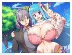  1boy 1girl :d ahoge antenna_hair arm_around_shoulder black_jacket blue_gemstone blue_hair blue_sky blush bra breasts cleavage cloud collarbone collared_shirt curvy day detached_sleeves eyes_visible_through_hair frilled_sleeves frills gem gold_belt green_eyes grey_shirt hair_between_eyes hair_ornament happy heart highres huge_breasts jacket lens_flare light_particles linea_alba long_hair navel neck_ruff non-circular_lens_flare open_mouth original outdoors panty_straps pink_bra pink_sleeves pixiv_id plant purple_eyes purple_gemstone purple_hair shiny_skin shirt short_hair signature sky small_sweatdrop smile stomach teeth tongue tree twitter_username umigarasu_(kitsune1963) underwear upper_teeth_only v very_long_hair 