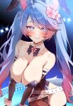  1girl absurdres animal_ears bare_shoulders belt black_leotard blue_eyes blue_hair blush breasts cleavage cowboy_shot detached_collar detached_sleeves eyebrows_hidden_by_hair fake_animal_ears flower gawawawa gradient_hair hair_between_eyes hair_flower hair_ornament highres indie_virtual_youtuber large_breasts leotard long_hair looking_at_viewer multicolored_hair pink_hair rabbit_ears silvervale smile solo stage_lights strapless strapless_leotard tail thigh_gap two-tone_hair very_long_hair white_belt wolf_ears wolf_girl wolf_tail wrist_cuffs 