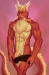 abs anthro asian_mythology biceps blonde_hair body_hair bottomwear bottomwear_down chest_fur chest_hair chest_tuft claws clothed clothing digital_drawing_(artwork) digital_media_(artwork) digitigrade dragon east_asian_mythology eastern_dragon fingers fluffy fluffy_ears fluffy_hair fluffy_neck_fur fur genitals hair hi_res horn looking_at_viewer male mammal multicolored_body muscular muscular_anthro muscular_male mythological_creature mythological_scalie mythology pants partially_clothed pecs penile penis purple_eyes red_body red_hair scalie shorts shorts_down simple_background smile solo tail tuft variri vein veiny_penis vitamin_c_(forwardpickup) yellow_body yellow_fur