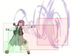  1girl black_jacket commentary dress fighting_game full_body geta green_dress hiroi_kikuri hitbox jacket melty_blood open_clothes open_jacket purple_hair simple_background solo standing torako_(toramaru) tsukihime white_background wind yumizuka_satsuki 