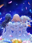  3girls blue_flower blue_hair blue_petals blue_ribbon commentary_request daisy_(flower) dress facing_away falling_petals floating_hair flower from_behind gradient_hair hair_flower hair_ornament hair_ribbon half_updo hasu_no_sora_school_uniform highres hinoshita_kaho kyaku_tasu link!_like!_love_live! long_hair love_live! medium_hair multicolored_hair multiple_girls murano_sayaka neckerchief night night_sky orange_flower orange_hair orange_petals osawa_rurino outdoors petals pink_flower pink_petals pleated_dress puffy_short_sleeves puffy_sleeves red_neckerchief red_ribbon ribbon sailor_collar sailor_dress school_uniform short_sleeves sky star_(sky) star_(symbol) star_hair_ornament starry_sky summer_uniform virtual_youtuber watermark white_dress white_flower white_sailor_collar 
