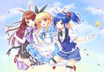  :d ;) aikatsu! aikatsu!_(series) alice_(wonderland) alice_(wonderland)_(cosplay) alice_in_wonderland animal_ears apron arm_garter ascot blonde_hair blue_eyes blue_hair blue_skirt brown_hair bunny_ears bunny_tail cloud cosplay elbow_gloves fake_animal_ears garter_straps garters gloves hair_ornament hair_ribbon hairband heart heart_hair_ornament high_heels holding_hands hoshimiya_ichigo jumping k.y_ko kiriya_aoi long_hair multiple_girls one_eye_closed open_mouth pantyhose petals pink_legwear pocket_watch purple_eyes red_eyes ribbon scrunchie shibuki_ran short_hair shorts side_ponytail skirt sky smile striped striped_legwear tail thighhighs watch white_gloves white_legwear white_rabbit white_rabbit_(cosplay) 