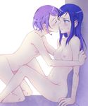  blue_hair blush closed_eyes couple dokidoki!_precure flat_chest hishikawa_rikka imminent_kiss kenzaki_makoto kneeling long_hair multiple_girls negom nipples nude precure purple_hair short_hair sitting yuri 