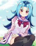  1girl antenna_hair black_thighhighs blue_hair blue_sky blush breasts closed_mouth cloud commentary_request curtained_hair grass hand_on_own_thigh juliet_sleeves kamishiro_rio kuroda_(kuro_yyy) long_hair long_sleeves looking_at_viewer medium_breasts multicolored_hair neckerchief on_grass pink_shirt puffy_sleeves purple_sailor_collar red_eyes red_neckerchief sailor_collar shirt sitting skirt sky smile solo thighhighs two-tone_hair very_long_hair vest white_skirt white_vest yu-gi-oh! yu-gi-oh!_zexal 