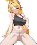  1girl absurdres ahoge bare_arms bare_shoulders black_shirt black_survival blonde_hair blush breasts crop_top eternal_return:_black_survival green_eyes hair_ornament hairclip highres large_breasts leggings long_hair looking_at_viewer midriff navel nicky_blake nose_blush open_mouth parted_bangs shirt simple_background sitting sleeveless sleeveless_shirt solo spread_legs stomach sweat very_long_hair white_background white_leggings ziro_(zirorong) 