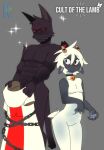 2025 2_horns anthro biped blush bovid caprine cult_of_the_lamb dark_body dark_fur digital_drawing_(artwork) digital_media_(artwork) domestic_cat duo featureless_crotch felid feline felis fur grey_background hair head_tuft hi_res horn kittem4 lamb_(cult_of_the_lamb) light_body light_fur looking_at_another male male_anthro mammal massive_monster_(studio) narinder navel red_eyes sheep simple_background standing tuft white_body white_hair