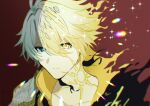  1boy amamizu_(shigure-doki) blonde_hair blue_eyes body_markings brown_background commentary_request expressionless grey_hair heterochromia honkai:_star_rail honkai_(series) looking_at_viewer male_focus phainon_(honkai:_star_rail) portrait simple_background solo split_theme yellow_eyes yellow_pupils 