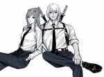  1boy 1girl ace_attorney alternate_costume amikoiiko apollo_justice:_ace_attorney belt belt_buckle buckle chainsaw_man chest_harness collared_shirt crossed_legs dark-skinned_male dark_skin drill_hair earrings ema_skye eyewear_on_head figure_four_sitting fingernails fujimoto_tatsuki_(style) greyscale gun half_updo hand_in_pocket hand_on_own_ankle handgun hands_in_pockets harness highres holster initial jewelry katana klavier_gavin light_smile long_hair long_sleeves looking_at_viewer medium_hair mismatched_eyebrows monochrome necktie pants pleated_pants scabbard sheath shirt shirt_tucked_in simple_background single_earring sitting sleeves_rolled_up sunglasses sword tinted_eyewear weapon white_background 