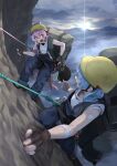 absurdres blue_hair blue_pants brown_gloves climbing fingerless_gloves gloves green_bag hard_hat helmet highres kawashiro_nitori mountain mystia_lorelei pants pink_hair red_eyes shot_(shot0598) sweat touhou 