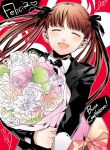  1girl ^_^ arcana_famiglia black_jacket black_ribbon blunt_bangs blush bouquet character_name closed_eyes collared_shirt commentary_request felicita hair_ribbon heart holding holding_bouquet jacket open_mouth red_hair ribbon sarachi_yomi shirt smile solo twintails upper_body 