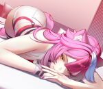  1girl animal_ears armpit_crease artist_name ass bare_shoulders blush closed_mouth commentary english_commentary fang fingernails highres hololive hololive_english indoors long_hair looking_at_viewer lying multicolored_hair nail_polish on_stomach panther_ears panther_girl panther_tail pillow pink_hair pink_nails raora_panthera raora_panthera_(1st_costume) rhaiganz shirt shorts skin_fang sleeveless sleeveless_shirt solo streaked_hair tail thigh_strap thighs two-tone_hair virtual_youtuber white_hair white_shirt white_shorts yellow_eyes 