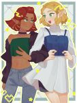  2girls alternate_costume artist_name black_choker blonde_hair blue_background blue_pants blush braid breasts buttons chain choker closed_mouth collarbone crop_top crown_braid dark-skinned_female dark_skin denim dress ear_piercing gerudo green_eyes hair_ornament heart highres jeans jewelry locked_arms long_sleeves looking_at_another makeup midriff multiple_girls nameko_(nanakake2) navel necklace off_shoulder open_mouth outline pants patterned_background piercing pointy_ears princess_zelda red_hair riju short_hair sidelocks single_bare_shoulder smile strapless sweater the_legend_of_zelda the_legend_of_zelda:_tears_of_the_kingdom thick_eyebrows tube_top twitter_username white_background white_dress yellow_outline 
