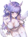  1girl absurdres bra braid breasts chest_tattoo cleavage collarbone commentary earrings ella_7737 english_commentary feathered_wings frilled_wrist_cuffs frills from_above garter_straps hair_rings highres horn_ornament horns indie_virtual_youtuber invisible_chair jewelry lace-trimmed_bra lace_trim large_breasts light_blush lingerie long_hair low_wings navel panties parted_lips piggie01 pink_lips pink_nails pointy_ears purple_eyes purple_hair purple_horns second-party_source side_braid sidelocks sitting solo tattoo thigh_gap thighhighs underwear virtual_youtuber white_bra white_garter white_garter_straps white_panties white_thighhighs white_wings wings wispy_bangs wrist_cuffs 