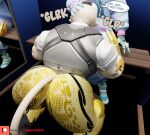 3d_(artwork) anthro asian_mythology big_butt butt camseven cheek_tuft clothed clothed_anthro clothed_male clothing cybernetic_hand cybernetics dialogue digital_media_(artwork) domestic_cat duo east_asian_mythology epic_games facial_tuft felid feline felis forbidden_pants fortnite fur fur_tuft hair hand_on_another&#039;s_head hand_on_head hi_res japanese_mythology kneeling machine male male/male mammal meowdas mirror mythology nekomata nyanja_(fortnite) oral patreon patreon_logo profanity sitting speech_bubble tail topwear tuft vest white_body white_fur yokai