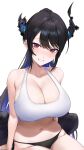  1girl absurdres asymmetrical_horns bare_shoulders black_hair black_panties black_thong black_wings blue_hair breasts cleavage collarbone colored_inner_hair crystal_horns demon_horns feathered_wings flower gototo_touma highres hololive hololive_english horn_flower horns large_breasts long_hair looking_at_viewer low_wings midriff mole mole_under_eye multicolored_hair navel nerissa_ravencroft panties ponytail red_eyes simple_background smile solo sports_bra thighs thong two-tone_hair underwear uneven_horns very_long_hair virtual_youtuber white_background white_sports_bra wings 