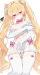  1girl absurdres apostle_(dungeon_and_fighter) armband ashtarte_(dungeon_and_fighter) bare_shoulders battle_mage_(dungeon_and_fighter) blonde_hair blush bow bowtie breasts closed_mouth commentary commission covered_navel crotch_zipper demon_horns demon_tail dungeon_and_fighter elbow_gloves english_commentary female_mage_(dungeon_and_fighter) frilled_armband frilled_gloves frilled_leotard frills garter_straps gloves hair_intakes heart highres horns huu_(dighapdlxm12) leotard long_eyelashes long_hair looking_at_viewer medium_breasts navel pink_bow pointy_ears red_eyes see-through_clothes see-through_leotard smile solo tail thighhighs twintails very_long_hair wavy_hair white_background white_garter_straps white_gloves white_leotard white_thighhighs 