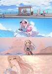  4girls alternate_costume alternate_hairstyle angel_wings beach bird_kim black_cat black_wings blonde_hair blue_archive blue_sky brown_skirt bus_stop car cat cloud denim denim_shorts dress embarrassed english_commentary feathered_wings hat heart hifumi_(blue_archive) highres koharu_(blue_archive) looking_at_another mika_(blue_archive) motor_vehicle mountainous_horizon multiple_girls nagisa_(blue_archive) ocean open_mouth outdoors peroro_(blue_archive) pink_eyes pink_hair road sand sandals shirt shorts skirt sky smile sun_hat sundress suspender_skirt suspenders twintails water white_dress white_hat white_shirt white_wings wings yellow_eyes 