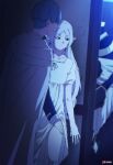  1girl 2boys artist_name blue_hair blue_tunic cloak clothes_lift commentary dress dress_lift earrings elf english_commentary frieren green_eyes hand_on_another&#039;s_thigh heiter hetero highres himmel_(sousou_no_frieren) indoors jewelry long_hair long_pointy_ears long_sleeves looking_to_the_side multiple_boys night parted_bangs patreon_logo patreon_username pointy_ears short_eyebrows short_hair short_sleeves sleeping sousou_no_frieren standing teardrop_earrings thick_eyebrows thighs tunic white_cloak white_dress zuharu 