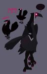alternate_form anthro anus avian big_hands biped bird black_body black_feathers blush blush_lines bodily_fluids bubble_butt butt corvid corvus_(genus) crow dialogue eyelashes eyes_closed feathers female female_anthro female_feral feral happy hi_res hooded_vest huge_hands long_neck looking_at_viewer looking_back looking_back_at_viewer model_sheet nervous nervous_sweat non-mammal_vulva open_mouth oscine passerine pepper_(proxicute) pink_eyes pink_talons proxicute quadruped rear_view side_view simple_background small_waist solo speech_bubble sweat thick_thighs tongue vulva wasp_waist white_tongue winged_arms wings