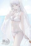  1girl artist_logo artist_name bikini blue_archive braid breasts cleavage colored_eyelashes cowboy_shot expressionless flower grey_eyes hair_flower hair_ornament highres holding holding_flower inaeda_kei jewelry linea_alba logo long_hair looking_at_viewer medium_breasts nagusa_(blue_archive) nagusa_(swimsuit)_(blue_archive) navel necklace ocean official_alternate_costume outdoors qr_code sarong solo swimsuit very_long_hair white_bikini white_eyelashes white_flower white_hair white_sarong 