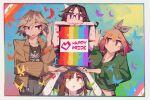  4girls black_nails blonde_hair bow brown_eyes brown_hair brown_nails bug butterfly closed_mouth earrings glasses hair_bow highres jewelry lesbian_flag lgbt_pride multiple_girls open_mouth original pink_eyes pink_hair pink_nails short_hair sweater togekk0 transgender_flag 