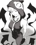  1girl absurdres arrow_(symbol) artist_name barefoot black_jumpsuit braid breasts feet front_braid highres hood hoodie jumpsuit large_breasts looking_at_viewer medusa_gorgon monochrome sleeveless sleeveless_hoodie smile snake_armband soul_eater speedl00ver 