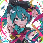  arm_over_head bare_shoulders black_sleeves blue_eyes blue_hair bow detached_sleeves hair_ornament hatsune_miku headphones highres koutya_cat long_hair looking_at_viewer number_tattoo open_mouth simple_background smile tattoo twintails very_long_hair vocaloid 