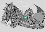 a_guy_somewhere anthro bong bulge clothing drugs forced forced_smoking gas_mask grey_background hyena latex latex_clothing latex_skinsuit lock_bulge lock_symbol lying male mammal mask null null_bulge on_side paws simple_background skinsuit smoking smoking_bong solo tight_clothing