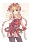  1girl blonde_hair blue_eyes eiyuu_densetsu fingerless_gloves gloves goggles goggles_on_head hat highres looking_at_viewer overalls pantyhose_under_shorts pink_shirt pink_shorts red_gloves red_hat red_overalls rento_(rukeai) shirt shorts smile solo sora_no_kiseki standing tita_russell twitter_username 