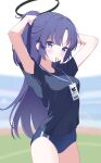  1girl absurdres arms_up badge blue_archive blue_buruma blurry blurry_background blush buruma commentary gym_uniform hair_ornament hair_tie halo highres long_hair mechanical_halo purple_eyes shirt star_sticker sticker_on_face t-shirt ula_cabbage yuuka_(blue_archive) yuuka_(track)_(blue_archive) 
