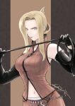  1girl belt blonde_hair blue_eyes breasts detached_sleeves final_fantasy final_fantasy_viii gloves highres holding holding_whip long_hair looking_at_viewer nanya_do_yara navel quistis_trepe skirt solo 