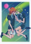  2others androgynous bike_shorts black_jacket black_necktie black_shoes black_shorts cinnabar_(houseki_no_kuni) commentary english_commentary flower full_body gem_uniform_(houseki_no_kuni) green_hair highres holding holding_flower holding_paper houseki_no_kuni jacket multiple_others necktie open_mouth other_focus paper pemprika phosphophyllite puffy_short_sleeves puffy_sleeves red_hair shirt shoes short_hair short_sleeves shorts white_shirt 