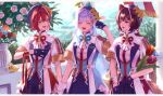  3girls :d \||/ ^_^ absurdres animal_ears animal_hair_ornament beret bird blue_eyes blue_flower blue_gloves blue_hair blue_hat blue_ribbon blue_rose blue_shorts blue_skirt blue_tulip braid breasts brown_hair brown_tail closed_eyes colored_lapels commentary_request crown_hat_ornament dog_ears dog_girl dog_tail eyelashes fangs flower gloves hair_between_eyes hair_ornament hand_in_own_hair hand_on_own_chest hand_up hat heterochromia highres holding holding_flower idol_clothes inui_toko jacket light_blush lips lize_helesta long_hair looking_at_another looking_to_the_side low_twin_braids multicolored_hair multiple_girls neck_ribbon nijisanji open_mouth orange_flower orange_tulip outdoors pink_flower pink_rose pink_tulip purple_flower purple_ribbon red_eyes red_flower red_hair red_ribbon red_rose red_tulip ribbon rose sanbaka_(nijisanji) sanbaka_anniversary_outfit sebastian_piyodore short_hair short_sleeves shorts side-by-side single_ear_down single_hair_intake single_sidelock single_wrist_cuff skirt small_breasts smile streaked_hair tail tassel teeth triangle_hair_ornament tulip turning_head twin_braids twitter_username two-tone_hair upper_teeth_only usasuzu very_long_hair virtual_youtuber white_hair white_jacket white_wrist_cuffs wrist_cuffs wrist_ribbon yellow_bird yellow_eyes 