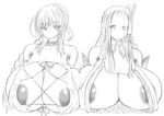  2girls areola_slip areolae armpit_hair bare_shoulders breast_rest breasts bursting_breasts character_request collarbone curvy dress female gigantic_breasts highres inverted_nipples large_areolae long_hair monochrome multiple_girls nipples puffy_nipples shiny sideboob simple_background sketch source_request tensai427 upper_body white_background 