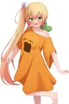  1girl alternate_costume barefoot blonde_hair character_print collarbone commentary_request crossed_bangs fang gradient_hair green_eyes hair_ornament highres hololive long_hair looking_at_viewer momosuzu_nene multicolored_hair nekko_(momosuzu_nene) official_alternate_hairstyle open_mouth orange_shirt oversized_clothes oversized_shirt pink_hair pom_pom_(clothes) pom_pom_hair_ornament print_shirt shirt shoulder_blush sidelocks simple_background single_off_shoulder skin_fang smile solo standing standing_on_one_leg suicabar72 very_long_hair virtual_youtuber watermark white_background 