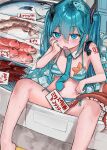  1girl 39 absurdres aqua_bikini aqua_eyes aqua_hair aqua_nails aqua_necktie arm_tattoo bikini blush breasts commentary detached_collar fish fish_hair_ornament hair_between_eyes hair_ornament hand_on_own_cheek hand_on_own_face hatsune_miku highres horizontal-striped_clothes ice ice_cube long_hair looking_at_viewer medium_breasts microa nail_polish navel necktie number_tattoo octopus price_tag sitting solo starfish striped_bikini striped_clothes sweat swimsuit tattoo tentacles tongue tongue_out twintails very_long_hair vocaloid 