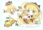  &gt;_&lt; 1girl aobahosino black_bow black_shirt black_shoes blonde_hair blue_eyes blunt_bangs blush_stickers bow brown_hat chibi chibi_only closed_eyes closed_mouth commentary cup dot_nose drinking_glass drinking_straw food food_print footwear_bow fruit fruit_print full_body hat hat_bow highres holding holding_cup in_container in_cup leaf lemon lemon_print lemonade long_hair looking_at_viewer orange_bow original own_hands_together pleated_skirt polka_dot polka_dot_bow print_skirt saucer shirt shoes sitting skirt smile socks symbol-only_commentary thick_eyebrows white_socks x_mouth yellow_skirt 
